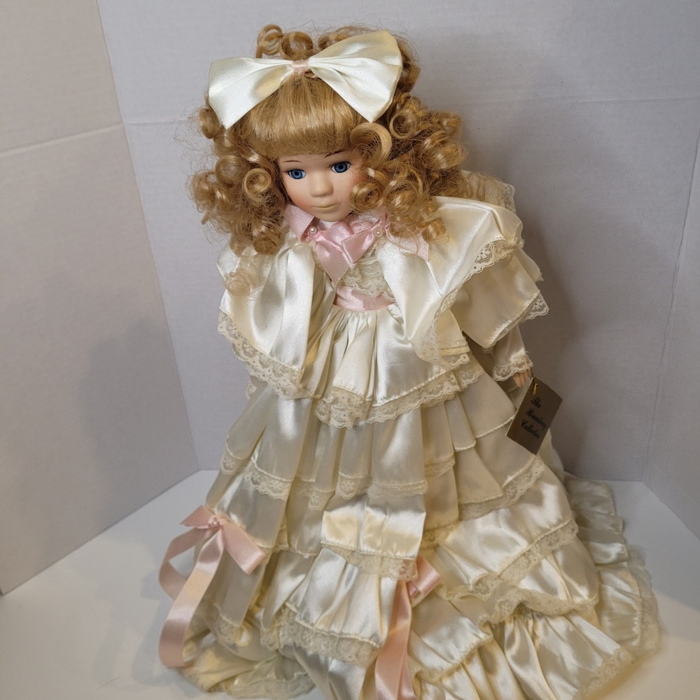 Broadway Collection Victorian Porcelain Doll Blonde Ringlets Cream Satin Dress
